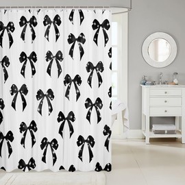 Feelyou Kids Girls Black Bow Shower Curtain,Kawaii Cute Bowknot Fabric Shower Curtain,Dreamy Princess Bow Bathroom Waterproof Accessories with 12 Hooks,Girly Bow Curtains 72"x72"