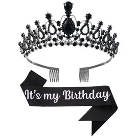 Papoopy Birthday Tiara and Crown with Sash, Birthday Tiara for Women Birthday Party (Black)