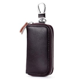 WESTONETEK Unisex Mens Womens Premium Leather Car Key Holder Bag Keychain Case Wallet with 6 Hooks Zipper Closure, Coffee