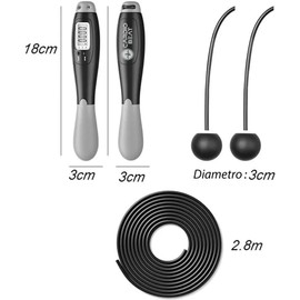 Cardio Beat Cuerda para Saltar con Contador Digital, Pantalla LCD de 4 Funciones, 2.8m de Longitud, con Bolas Ponderadas de 3cm, Color Negro y Gris