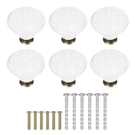 sourcing map 6Pcs Ceramic Knobs, 34mm/1.34" Flower Pattern Mushroom Knob Raised Base Drawer Pull Handle Vintage Wardrobe Knobs with Screws for Vanity Bedroom Furniture Closet, White