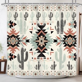 Newsely Western Aztec Cactus Shower Curtain 72Wx72H Inch Southwestern Boho Tribal Geometric Ethnic Shower Curtain Bathroom Set Navajo Native American Waterproof Bath Decoration Accessories Home Decor