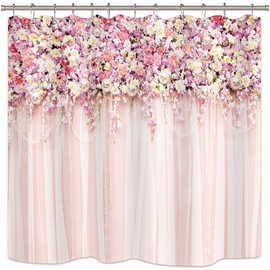 Riyidecor Bridal Floral Wall Pink Rose Shower Curtain Spring Nature Lovely Lady Woman Girl Vintage Decor Bathroom Decor Fabric Panel Polyester Waterproof 72x72 Inch Plastic 12 Pack Hooks