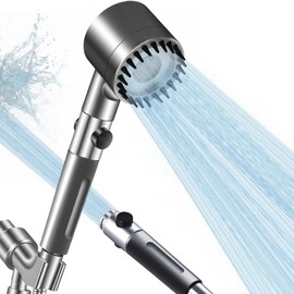 Filtered Shower Head with Handheld, High Pressure Water Flow and 3 Spray Modes with Stop Switch, Built-in Cotton Filter Remove Impurities, 59" PVC Hose Bracket 5Pcs Replacement Filters Set (Gray)