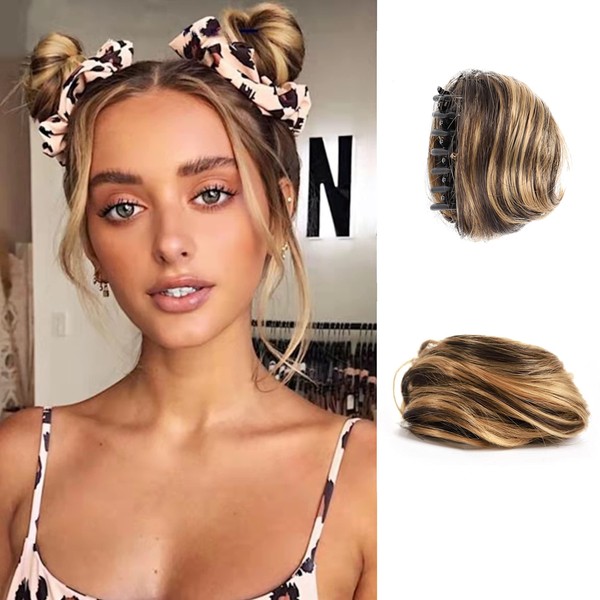 2 PC Mini Claw Fake Hair Space Bun Hair Donut Chignon Mini Claw Bun Clip in Messy Hair Bun Claw Clip in Updo Bun Extensions Wig Accessory