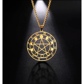 AB Viking Crafts Stainless Steel Pentagram Pendant in Circle Moon Phases Zodiac Sign Colour Silver with Chain in Jewellery Box Truth Wicca Magic Paganism, Stainless Steel