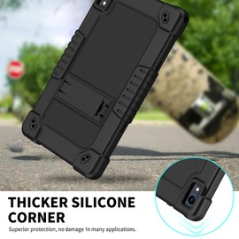 Kebiory for Urao C107/Jeazans OC101/C107 Tablet 10.1 Inch 2024 Kids Friendly Silicone Stand Shoulder Strap Kickstand+2Pcs Screen Protector for HiGrace C107/ZOFYWNAS C107/Freeski C107 (Black+2Pcs)