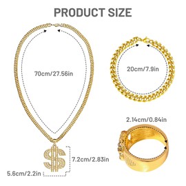 Xumann 3pcs Gold Chain Fancy Dress for Rapper,Hip Hop Costume for Rapper Women Men,Dollar Sign Necklace Accessories