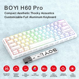 BOYI H60Pro Hollow Aluminum Rapid Trigger Magnetic Switch 60% Mechanical Keyboard,Hall Effect 8K Polling Rate RGB Wired Compact Aesthetics CNC Gaming Keyboard(White Crystal Jelly Keycaps)