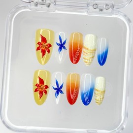 Almond Press on Nails Medium Length SWEKKE 3D Floral Fake Nails Handmade False Nails with Pearls Shell Designs Summer Stick on Nails Glossy Glue on Nails for Women Girls 30Pcs(xs/s/m)