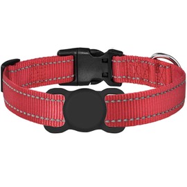 Dog Collar with Airtag Holder,Reflective Adjustable Nylon Airtag Dog Collars with Silicone Airtag Dog Collar Holder(S, Red)