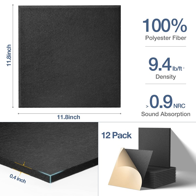 12 Pack Self-Adhesive Acoustic Panels, 12" X 12" X 0.4"