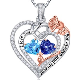 Iefil Gifts for Wife - Anniversary Ideas Gifts for Women Wife Her, Rose Heart Birthstone Necklace | March December Birthstone Necklace, Tanzanite Aquamarine