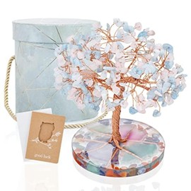 ZenBless 7 Chakra Healing Crystals Stones Tree, Pink Crystal and Aquamarine Leaf Wire Wrapped on Natural Agate Slice Base, Home Office Desk Living Room Feng Shui Decoration for Wealth and Luck