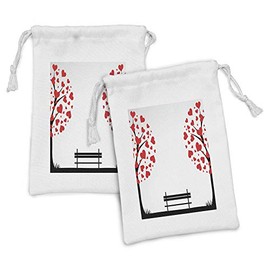 Ambesonne Tree of Life Fabric Pouch Set of 2, Trees with Hearth Shaped Leaves and a Bench Love Romance Nature Design, Small Drawstring Bag for Toiletries Masks and Favors, 9" x 6", Black Red White