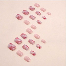 Enppode Short Press on Nails Square Fake Nails Pink Nails Glossy Full Cover Nails for Women 24 PCS/Set
