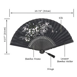 OMyTea Folding Hand Fan for Women - Foldable Japanese Chinese Oriental Vintage Retro Bamboo Silk Fan - for Church, Decoration, Hot Flash, Dance, Performance, Party, Gift (Black Grassflowers)