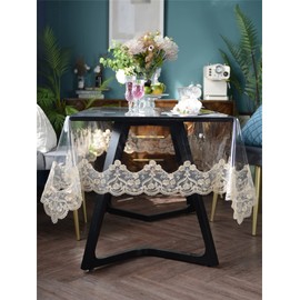 Clear Plastic Waterproof Tablecloth, Vinyl PVC Rectangle Table Cloth with Lace Macrame, Oil Spill Proof, Table Cover for Dining Tables, Parties and Holidays (Beige, 60 x 106 Inch)