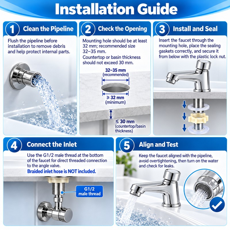 G1/2 BSPP Self-Closing Basin Faucet for 32–35mm Mounting Holes –