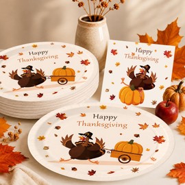 50Pcs Thanksgiving Turkey Oval Paper Plates and Napkins Set, 12" x 10"