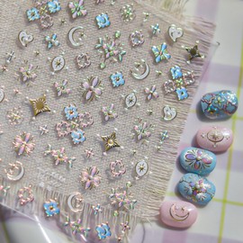 Gold Nail Art Stickers Floral Nail Decals Star Moon Nail Stickers 5D Embossed with Design Self Adhesive Nails Charms for Women Girls Kid Manicure DIY Decoration Accessories