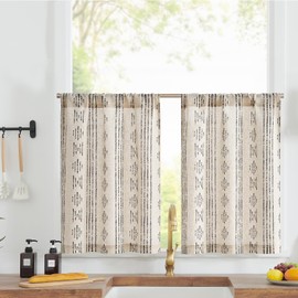 jinchan Boho Kitchen Linen Tier Curtains 30 Inch Bohemian Cafe Curtains Farmhouse Natural Striped Half Window Treatment for Bathroom RV Vintage Small Window Curtains 2 Panels Black on Beige
