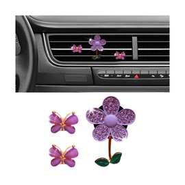 Sandfren 3PCS Bling Car Air Vent Clips, Butterfly Flower Rhinestone Vehicle Conditioning Outlet Clamps, Diamond Vent Clip Charm Decoration for Women Girls, Universal Automotive Accessories (Purple)