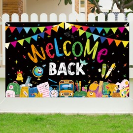 Welcome Back Banner, 72.8x43.3 Inch Welcome Banner with Rope First Day of School Banner Welcome Back Backdrop Back School Decorations for Students Classrooms (Black)