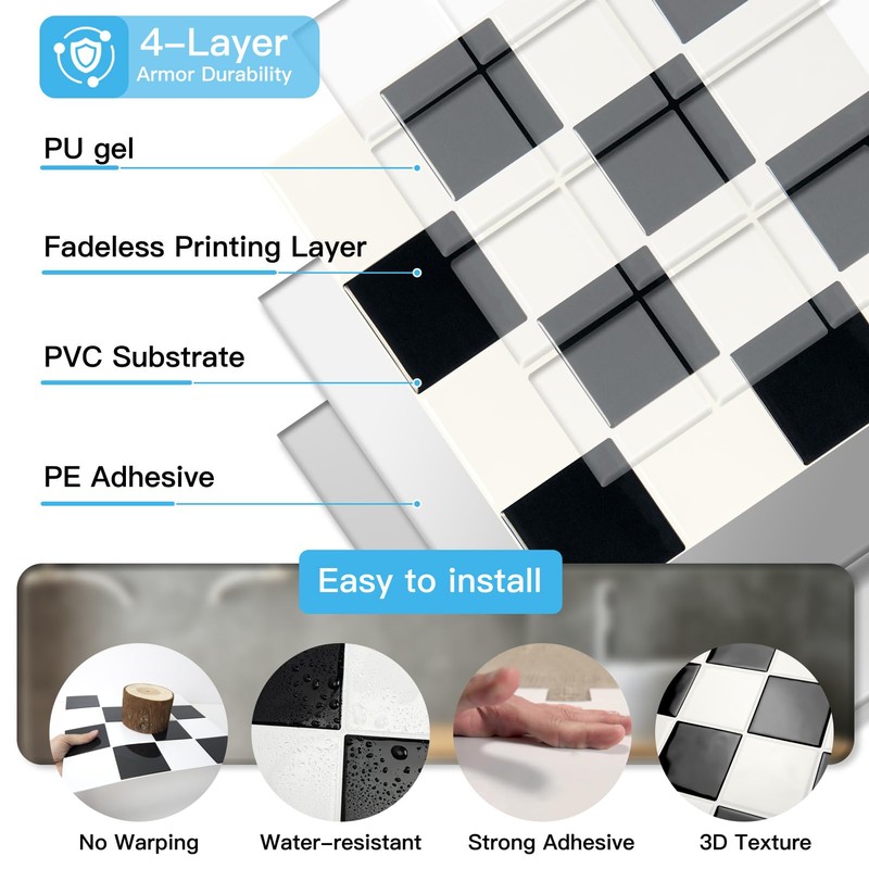Art3d 10-Pack Heavy-Duty Peel and Stick Backsplash, 12x12 Inch Self-Adhesive