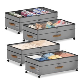 Megapuxin 4 Pack Under Bed Storage with Wheels, Adjustable Height Storage Containers, 11inches Large Capacity Rolling Underbed with Lids, Storage Drawers Shoes, Clothes, Blankets, Grey