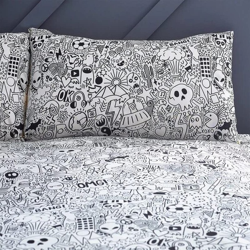 Style Lab Doodles Duvet Cover Set, White/Black, Single
