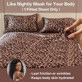 MR&HM Satin Fitted Sheet Queen Size, Silky Bottom Sheet with Elastic Corner Straps, Deep Pocket up to 15 Inch, No More Slipping Off for Mattress - 1 Fitted Sheet Only (Brown Leopard)