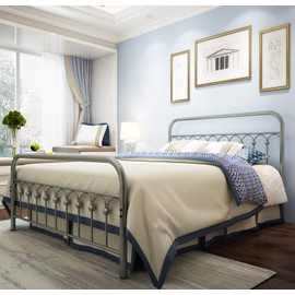 TUSEER Metal Bed Frame Queen Size with Vintage Headboard and Footboard Platform Base Wrought Iron Bed Frame Gray Silver (Queen, Gray Silver).