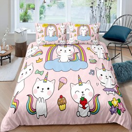 Feelyou Kids Unicorn Cat Bedding Set Twin, Cute Unicorn Comforter Cover for Girls Teens, Cartoon Magical Animal Decor Duvet Cover, Gift for Nursery Sweet Icecream Rainbow Print Bedspread Colorful