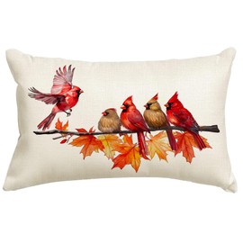 RABUSOFA Fall Pillow Covers 12x20 Inch, Red Cardinal Birds Holiday Decoration Autumn Thanksgiving Maple Leaves Farmhouse Patio Cushion Cases for Sofa Home Couch Outdoor Decor (Red, 12"X20")