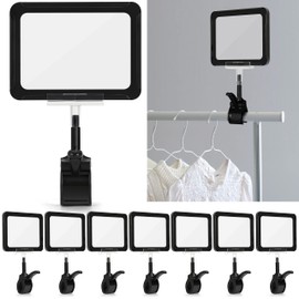 Acrylic Sign Holder with Clamp, 6 x 9 Inch Double Head Display Clips with PVC Card Protector, Rotating Sign Price Tag Clip On Sign Display for Hangrails or Tubes (Pack of 7) (Black)