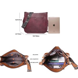 Women Shoulder Crossbody Bag Vintage Handbags Purse with Leopard Guitar Strap Medium Satchel Hobo Bag, Wine