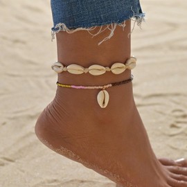 Shegirl Braided Rope Ankle Bracelet Shell Simple Beaded Layered Anklet Shell Pendant Foot Jewelry for Women