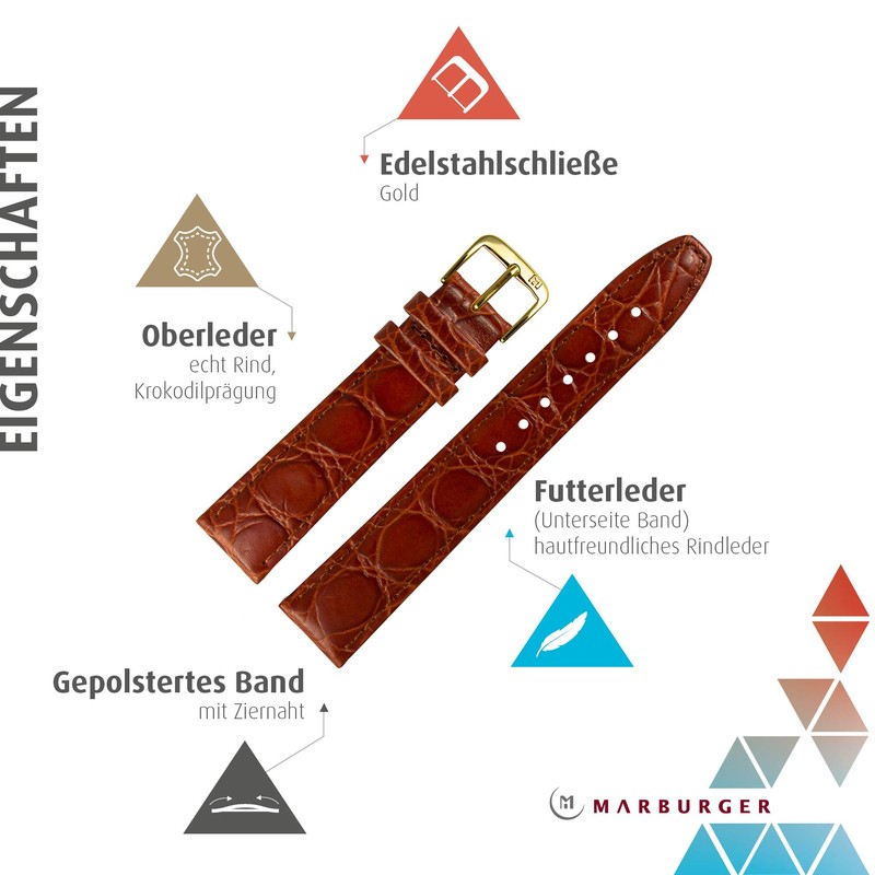 MARBURGER Watch Strap 18 mm Leather Crocodile (Caiman) Embossing with