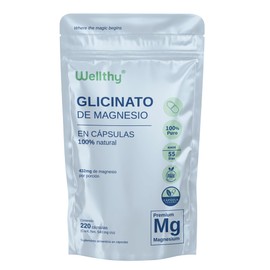 Wellthy Glicinato de Magnesio 220 Cápsulas 432mg. 100 Natural, Alta Absorción, Cápsulas Veganas, Bottle Free.                                         