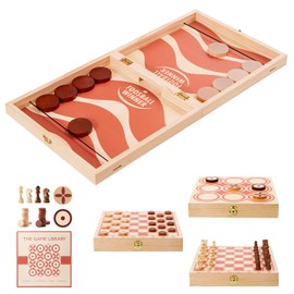 RM ROOMERS 4 in 1 Large Wooden Fast Sling Puck Games Set for Adults,Chess, Checkers,Tic Tac Toe,Portable Folding Travel Tabletop Board Game Sets,Interactive Families Game Night Toy Slingshot