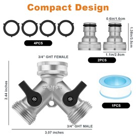 flintronic 2 Way Brass Hose Splitter, 3/4" Tap Garden Hose Connector, Y Valve Tap Connector with Individual On/Of and 3 Quick Connector, Faucet Diverter for Garden, Outdoor, Courtyard (Silver)