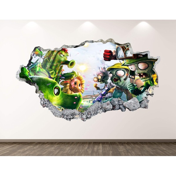 Plants Vs Zombies Wall Decal Art Decor 3D Smashed Kids Game Sticker Mural Nursery Boys Gift BL14 (30"W x 18"H)