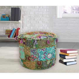 DK Homewares Indian Round Hassock Stool Green Patchwork Embroidered Cotton Living Room Decorative Ottoman Footrest Seating Furniture (18 x 18 x 13 Inches / 45 cm) Cover Only