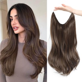 Flyroseing Halos Hair Extension, 18 Inch Soft Brown Synthetic Hair Extensions, Body Wavy Secret Hairpiece with Transparent Wire Adjustable Size 2 Secure Clips Fiber