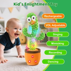 Rechargeable Dancing Talking Cactus Toy with Adjustable Volume, Interactive Cactus Baby Toys for Toddler, Boys Girls Gifts Singing Mimicking Recording Repeating What You Say with 120 English Songs