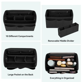 Enbagold Bag Organiser, Multi Pocket Handbag Organiser Insert for Women, Tote Bag Organiser Handbag Liner with Zipper and Keychain(Black, Medium)