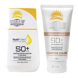 Fotosun UV 100 Fluid Protect Protector Solar Facial Fotoprotector Luz Azul 50+ FPS UVA UVB Consistencia Liquida Rápida Absorción Alta Protección Resistente al Agua Uso Diario (KIT: FLUID + ADAPTIVE COLOR)
