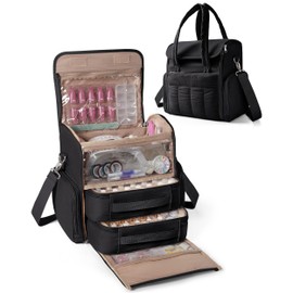 Marscamd Nail Polish Organizer Bag Holds 70 Bottles and Nail Lamp, Nail Polish Storage Case with 2 Removable Bags and Multiple Pockets, Black