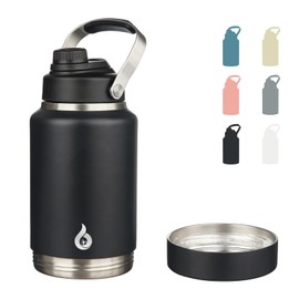 BJPKPK 64oz Insulated Water Bottles, Dishwasher Safe Half gallon Water Bottle with Metal Handle, BPA Free Spout Lid & Detachable Bowl, Large Stainless Steel Jugs, Black